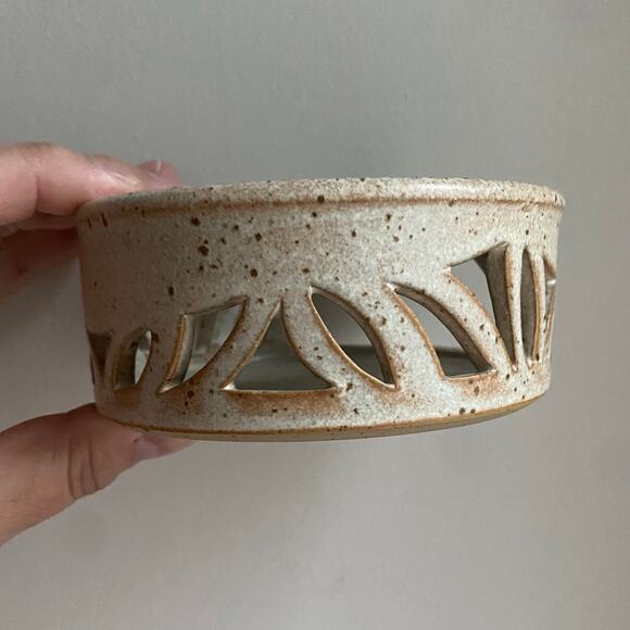 Signed Pottery Stoneware Luminary Tea Light Votive Candle Holder Reticulated - Picture 7 of 7